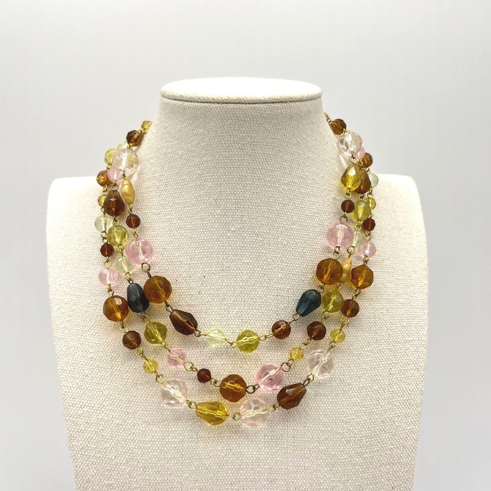 Vintage Three Strand Beaded Necklace Pink Yellow Brown Adjustable Costume